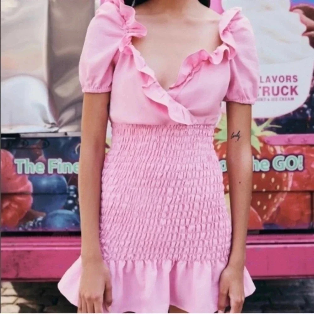 NWT Zara Pink Smocked Bodice Puff Sleeve Ruffle Linen Blend Dress Size Medium